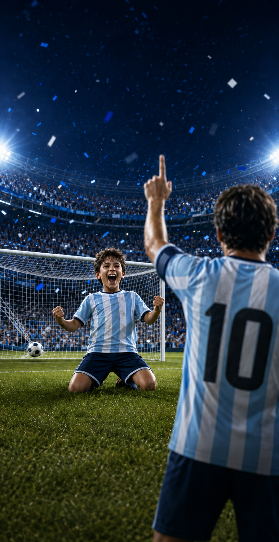 Niño con la camiseta argentina gritando su gol junto al 10 en un estadio repleto